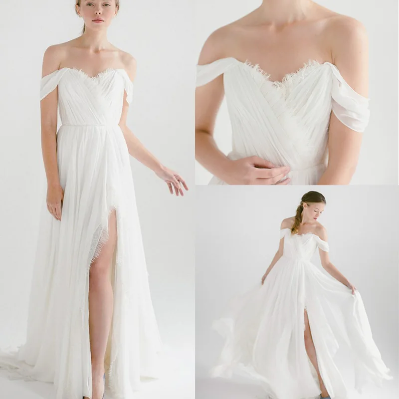 

Elegant Sexy Pure White Long Floor-Length Off the Shoulder Lace Tulle Sweetheart Neck Wedding Dresses with High Slit