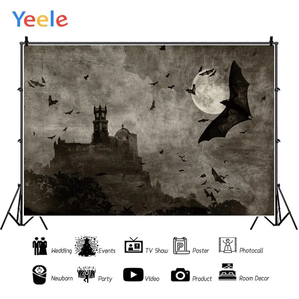 Yeele Хэллоуин Ночь Луна темные облака замок с летучими мышами фотографии фоны
