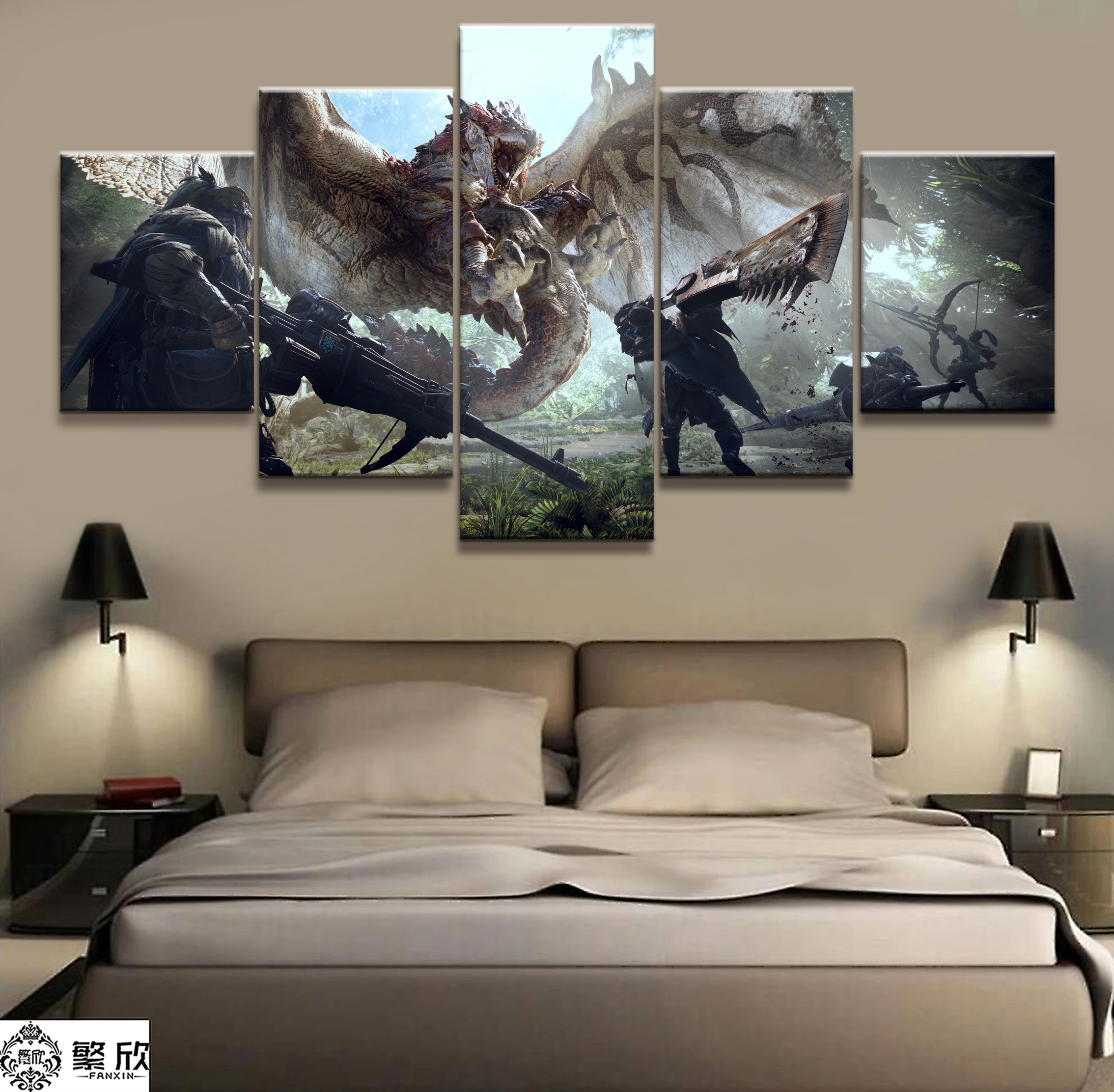 

Wall Art Poster Painting Modular Pictures For Living Room Decorative Pictures Canvas Printed 5 Panel Game Monster Hunter Loong