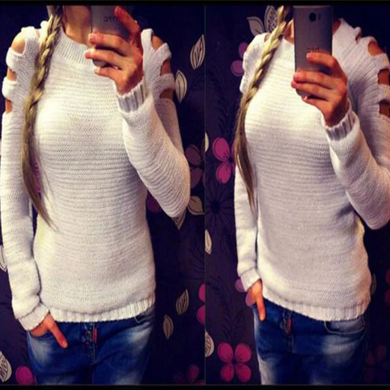 Solid Color White Women Sweater Off Shoulder Open Female Knitted O-neck Pullover Womens Casual | Женская одежда