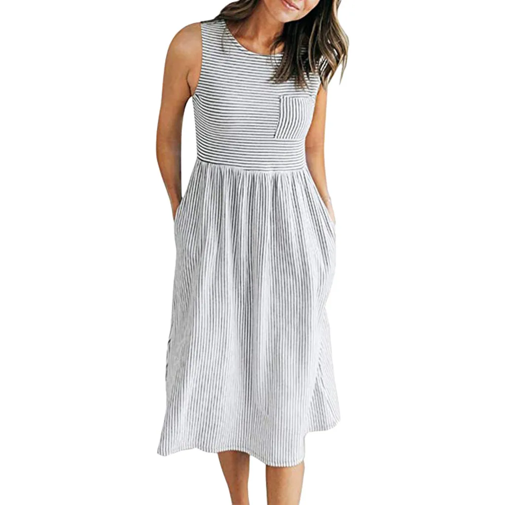 FREE OSTRICH Women Dress Sleeveless Waist Boho Stripe Loose Pockets Casual Cute Refined Noble Trend Summer short | Женская одежда