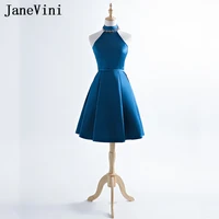 janevini 2018 high neck short prom graduation dresses dark blue crystal sleeveless satin women wedding party bridesmaid dresses