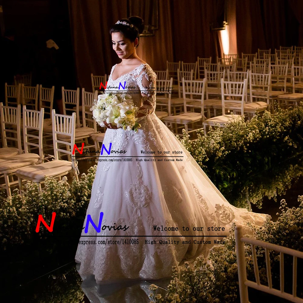 Vestidos de noiva Великолепное Кружевное Свадебное платье с длинными рукавами и