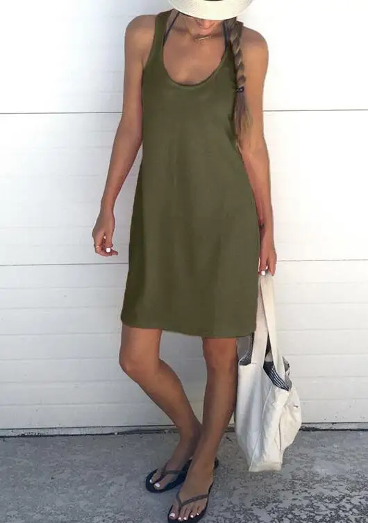 

Summer Sexy Slim Women Dress Solid Color U-Neck Dress Sleeveless Plus Size Package Dress