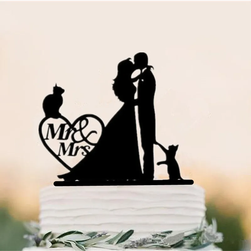 Черные акриловые поцелуи для невесты и жениха с 2 кошками свадебный торт Топпер