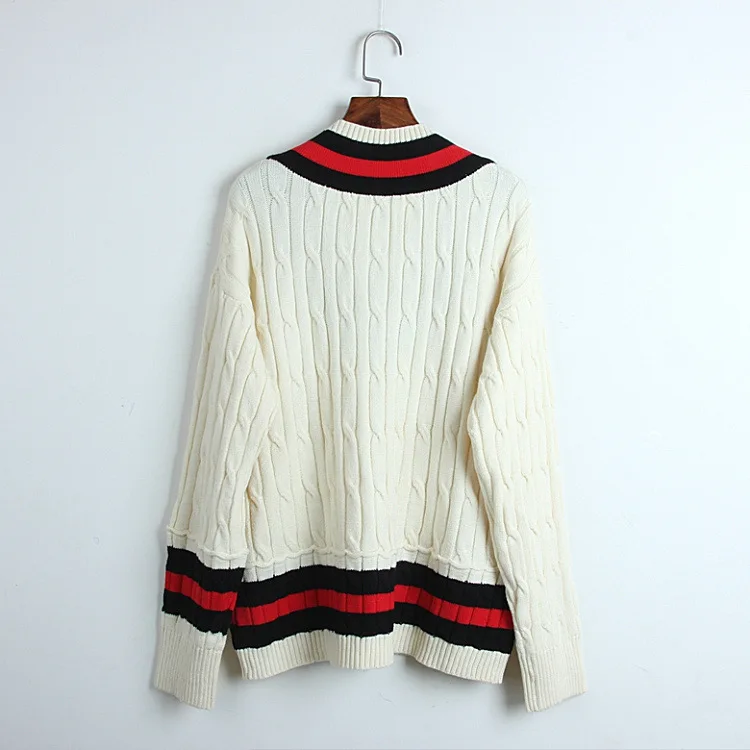 Белый женский свитер с v-образным вырезом весна 2019 контрастный цвет полосатый