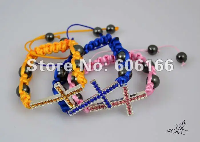 

Wholesale 24pc/lot MIX COLOR Crystal Rhinestone Sideways Cross Bracelet Handmade Cord Bracelets Hematite Beads