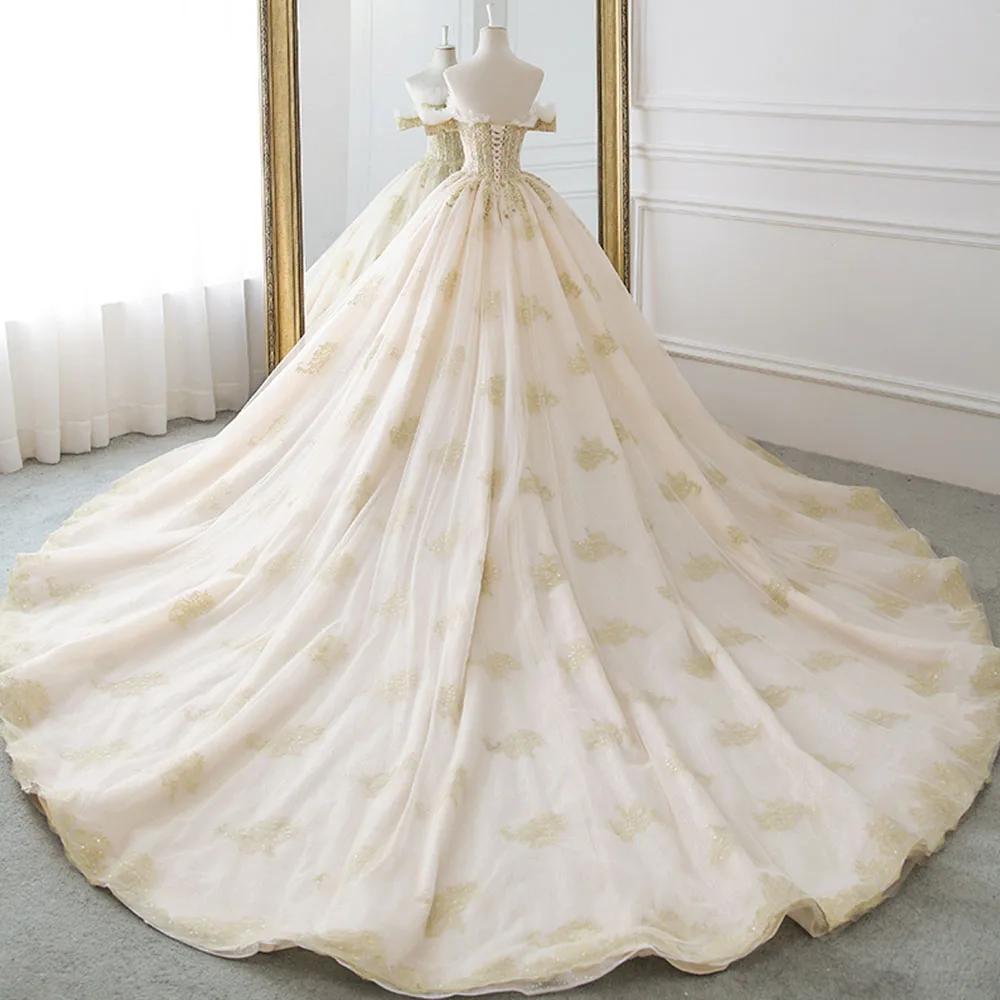 Robe De Mariee Princesse Luxe Off The Shoulder Short Sleeve Beaded Sequins Appliques Luxury Princess Ball Gown Wedding Dress | Свадьбы и