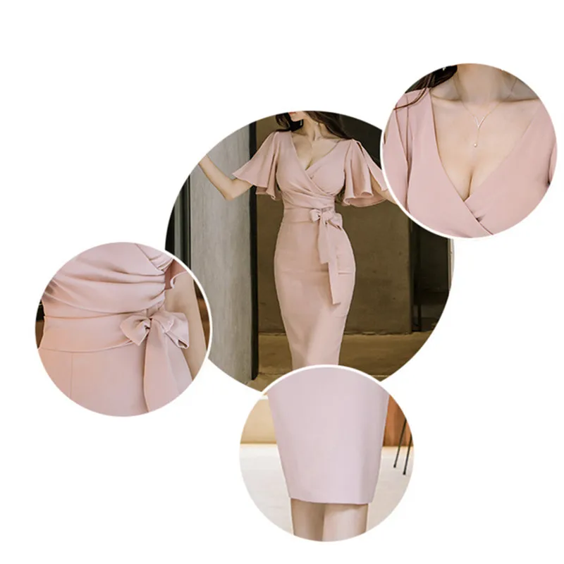 Vestidos 2018 летнее женское сексуальное розовое облегающее платье-карандаш с бантом в