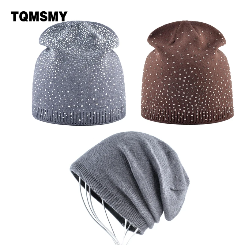

Knitted Beanies Women Winter Ladies Rhinestone Hat Autumn Knitting Wool Skullies Beanies Solid Color Soft Caps 3 Hats Package