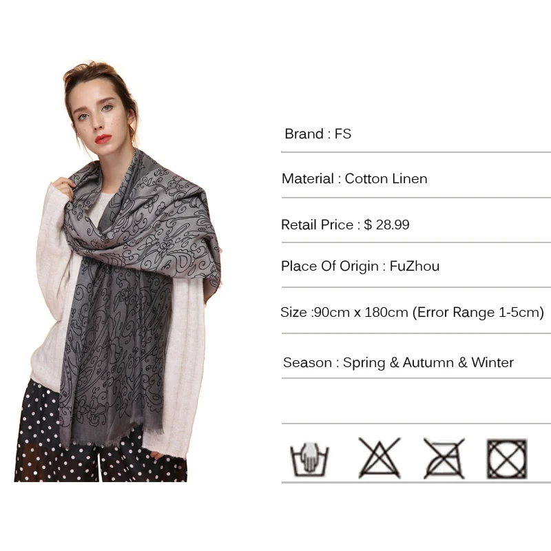 Женский шарф из пашмины FS хлопковая шаль с принтом большой хиджаб вискозы