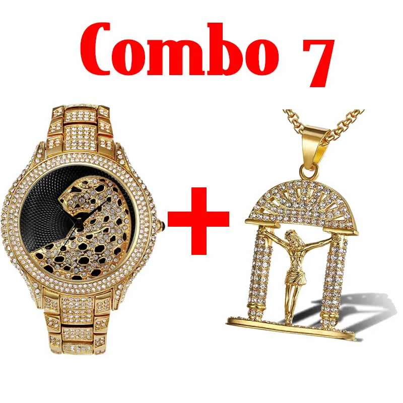 combo 7 Хип-хоп Iced Out Full AAA кубический цирконий Леопард Роскошные Брендовые мужские часы крест и баскетбол кулон и золотое ожерелье комбинированный набор - Окраска металла: combo 7