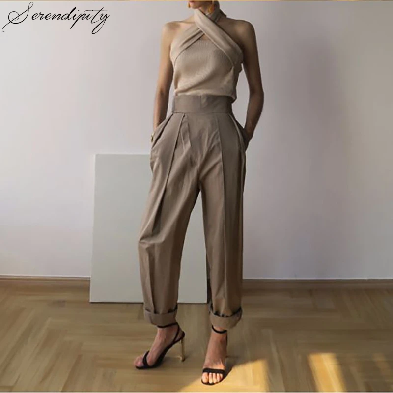 Women Sweater Knit Slim Sleeveless Hollow Out Halter Pullover Winter Autumn Cotton Elegant Apricot Backless Sexy Solid | Водолазки