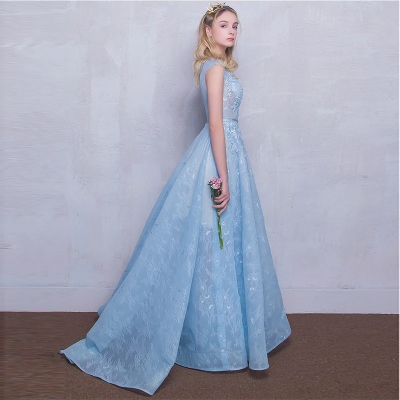 Sweet Baby Blue See Through Бисер кружева Vestidos De Festa Цветочные Аппликации Онлайн платья для