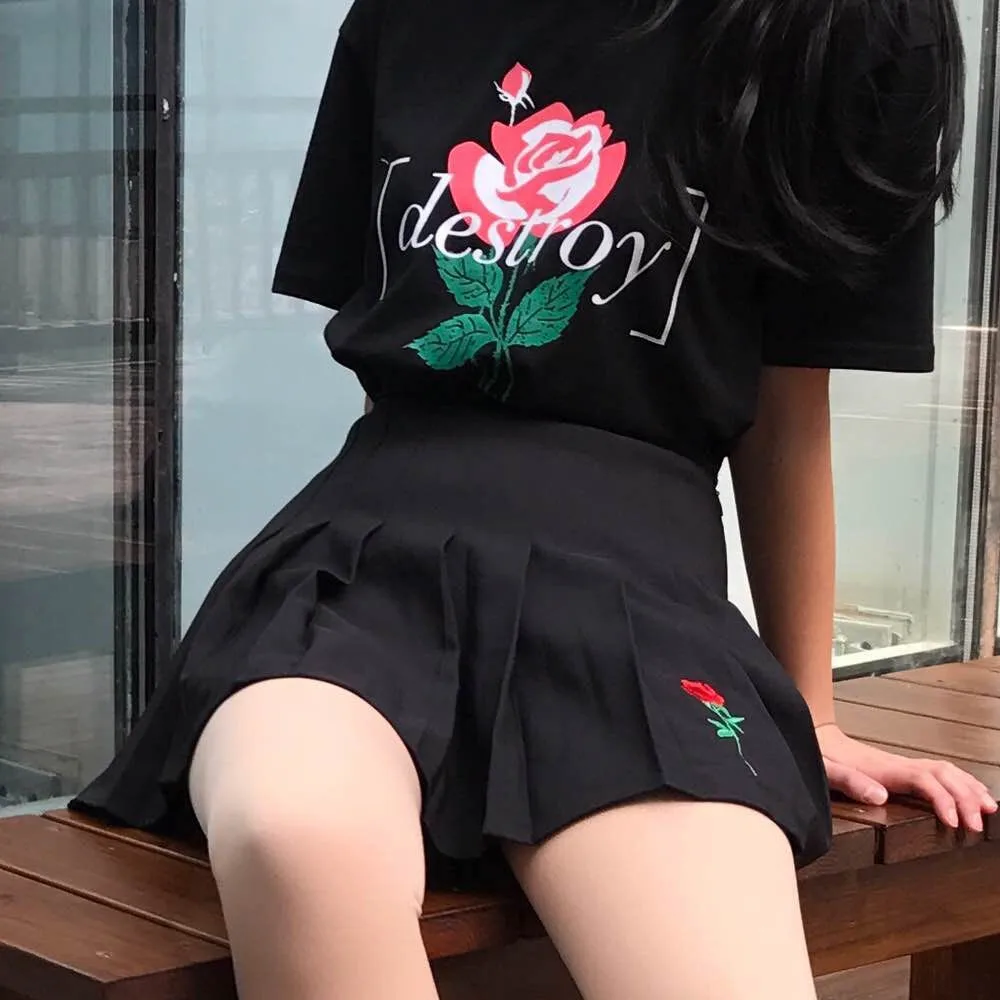 2018 Женская Harajuku Весна Дамы Корейский Мягкая роза Вышитые плиссированные