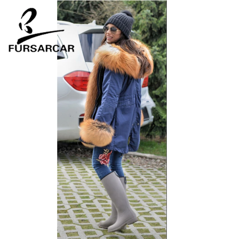 FURSARCAR New Style 2021 Real Fur Coat Parka Women With Big Gold Fox Fur Collar And Cuff Winter Luxury Thick Warm Fur Parka