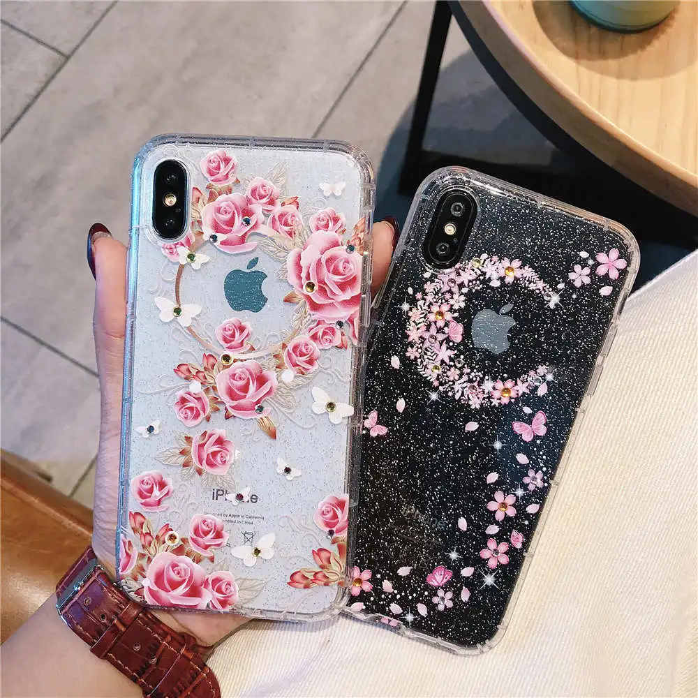 Rose Flower Phone Case For iPhone X XS MAX XR 6 6S 7 8 Plus Cases Silicone TPU Soft Moon Luxury Bling Cover Funda |