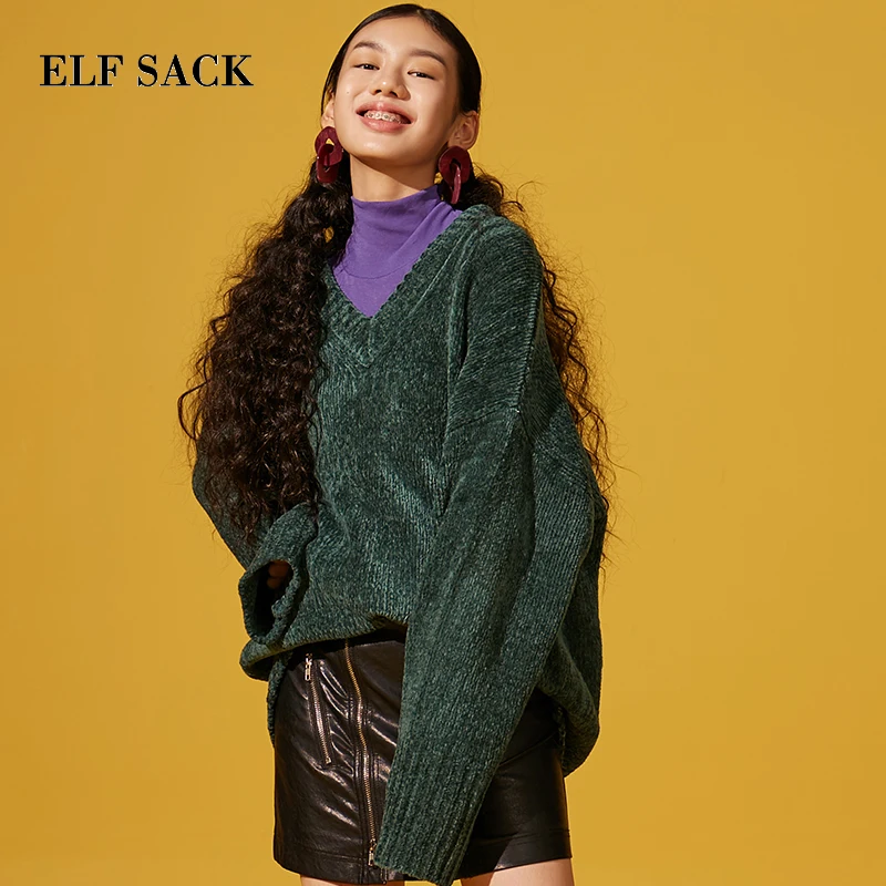 Женский свитер ELFSACK однотонный свободный с длинным рукавом и треугольным вырезом