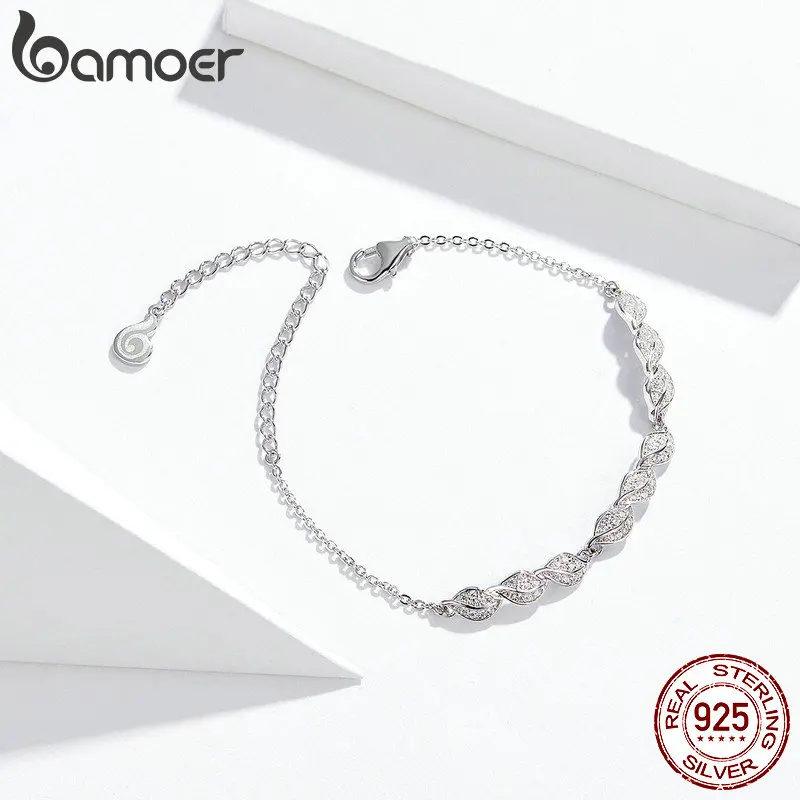 Bamoer браслет с листьями для женщин AAA кубический цирконий камень 925 пробы серебро кристалл свадебное, на помолвку, заявление ювелирные изделия BSB017
