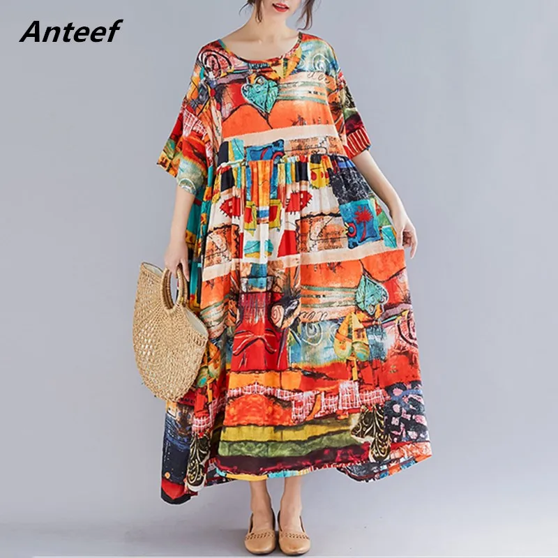 

Платье женское хлопково-льняное с коротким рукавом, винтажное Длинное свободное, повседневная элегантная одежда, лето 2021