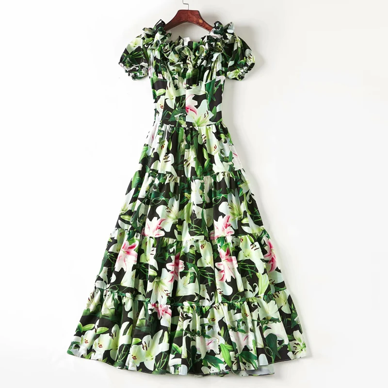 XF Boho Lily Green Flower Print Midi Dress Ruffled Short Sleeve 2019 Summer Leisure Beach Party Holiday Cake Style Elegant | Женская