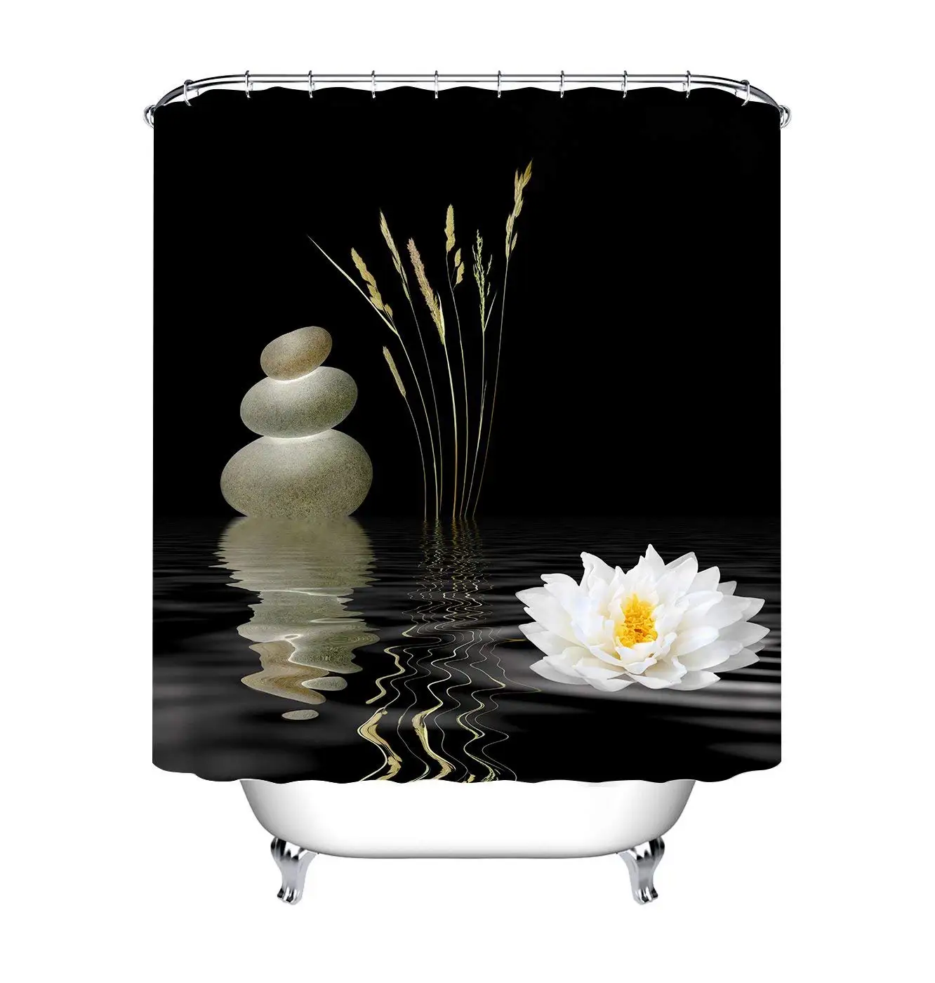 

Zen Stone Shower Curtain Hot Stones with Asian Lotus Flower Reflection on Water Waterproof Mildew Resistant Fabric Black White