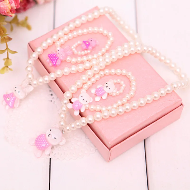 3Pcs/set Cute Kids Rabbit Pearl Necklace Bracelet Earrings Elastic Girls Fashion Princess Pink Children Kawaii Jewelry | Украшения и