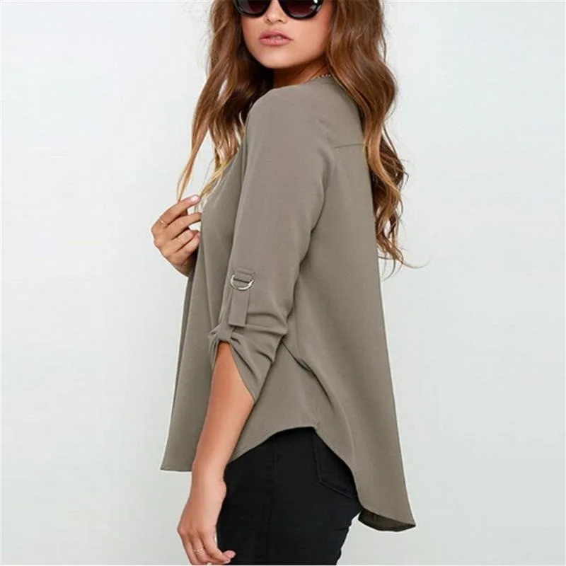 

Autumn Europe And The United States Code Female V Collar Long Sleeved Chiffon Shirt Sleeve Loose Fold Women Chiffon Shirt