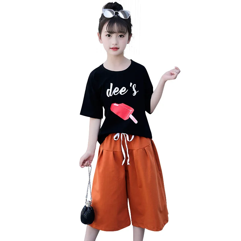 Комплект одежды для маленьких девочек футболка с принтом + укороченные брюки