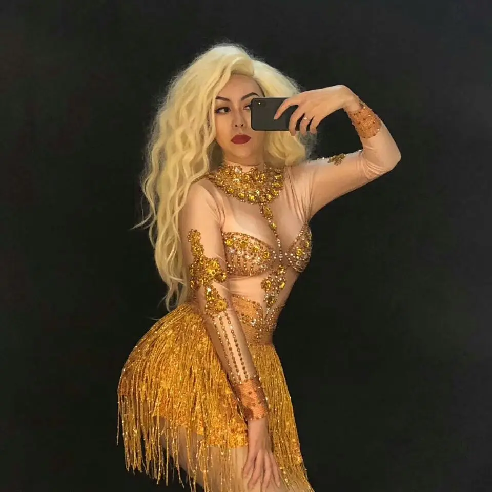 Sparkly Crystal Golden Mini Dress Women Evening Party Wear Full Rhinestones Tassel Dresses Prom Birthday Celebrate Stage Outfits