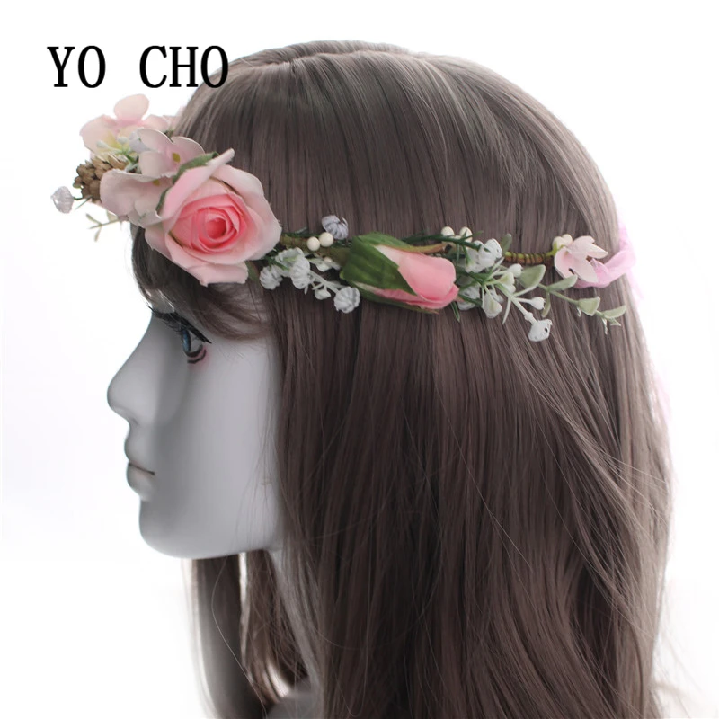 YO CHO pink silk roses garland wreath flowers christmas garland headband bridal wreath floral crown hair wreath for party
