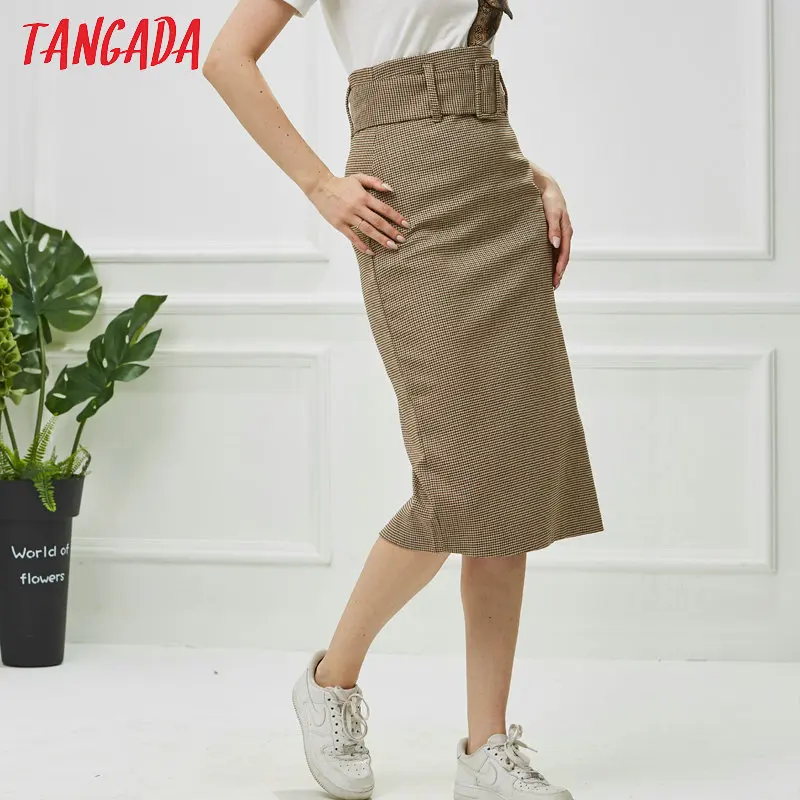 Tangada юбка карандаш офисная юбка юбка с завышенной талией юбка с высокой талией бежевая юбка коричневая юбка юбка в клетку юбка с поясом юбка длина миди юбка до колена юбка из костюмной ткани BE175
