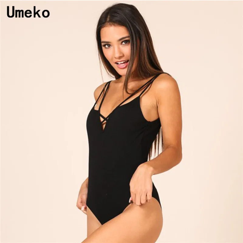 Женское черное боди с открытой спиной Umeko эластичное на бретельках Обтягивающие