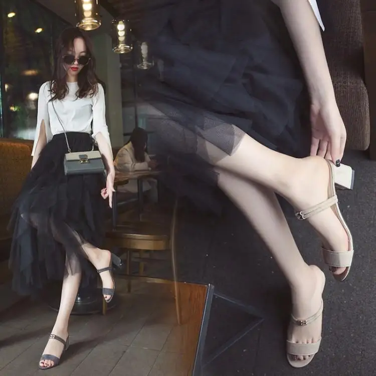 Black Grey Beige Suede Women Sandals Peep Toe Chunky Heels Zapatos De Mujer Two Narrow Band Buckle Girl Mules Slip On Slides | Обувь