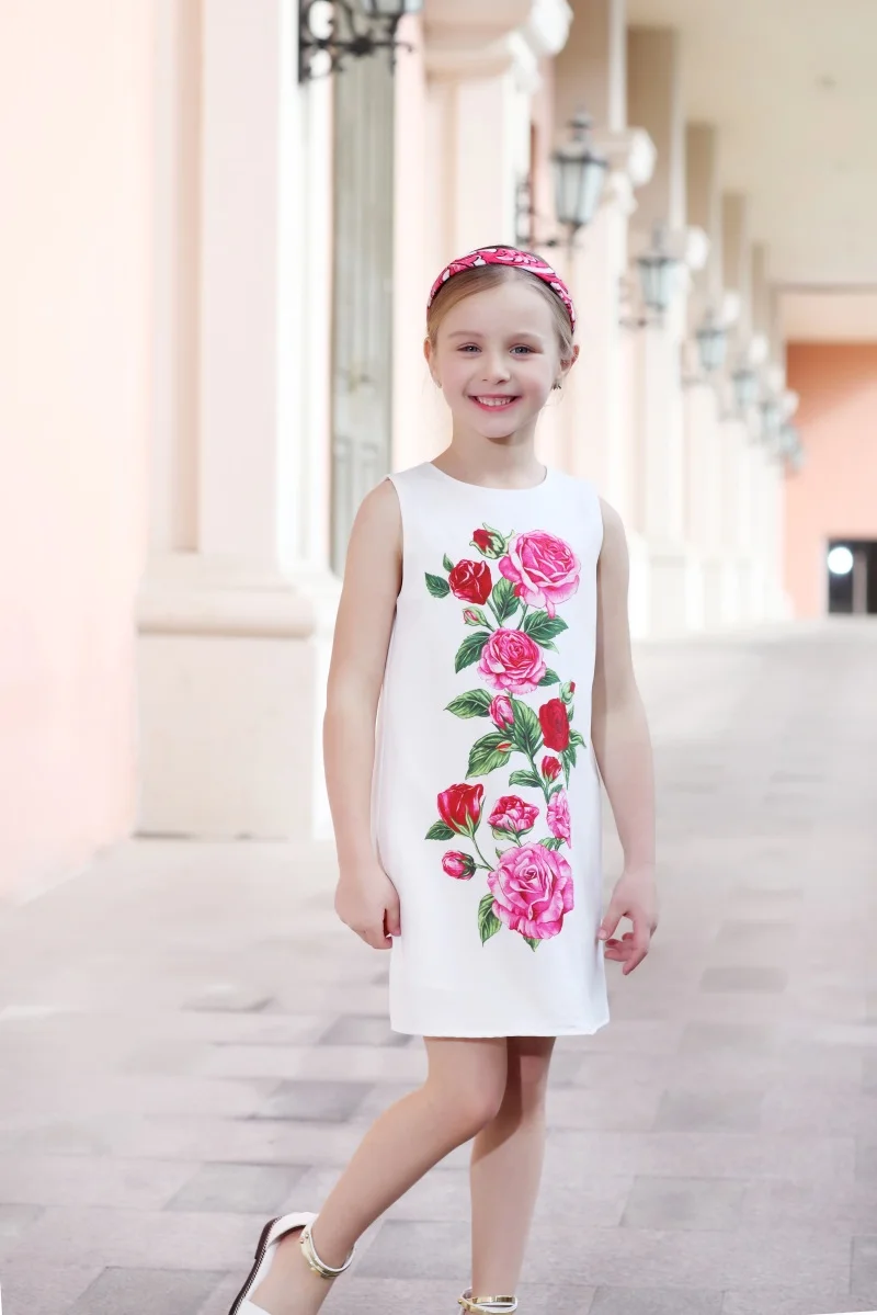 

Summer children rose flower dress kids girls holiday beach jumper dress child 3Y-14Y sleeveless soft girl formal party sundress