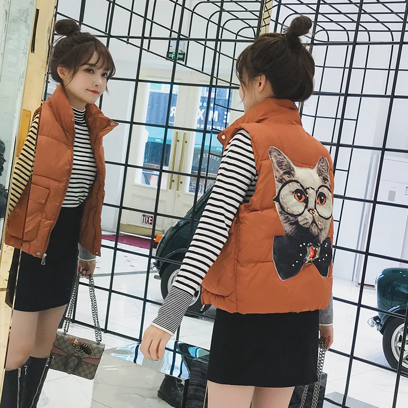 

Smart cat print vests students loose fit short waistcoat women big pockets outerwear new arrival 2019 autumn winter