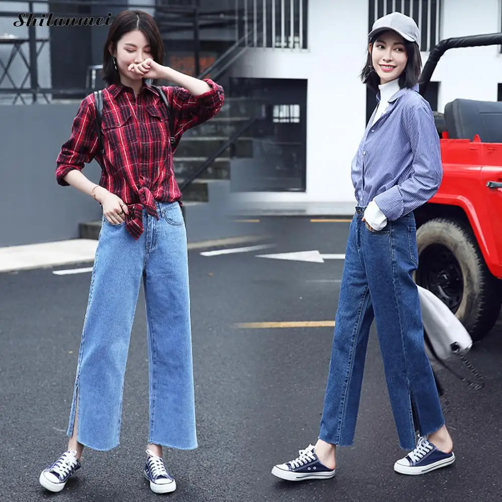 Бойфренд Джинсы для женщин Для синий Высокая Талия джинсовые Широкие брюки