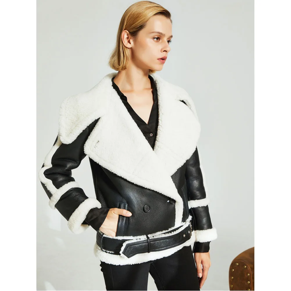 Women's B3 Large lapel Shearling Jacket Women's Short Motorcycle Jacket Women's Winter Leather Warm Jacket