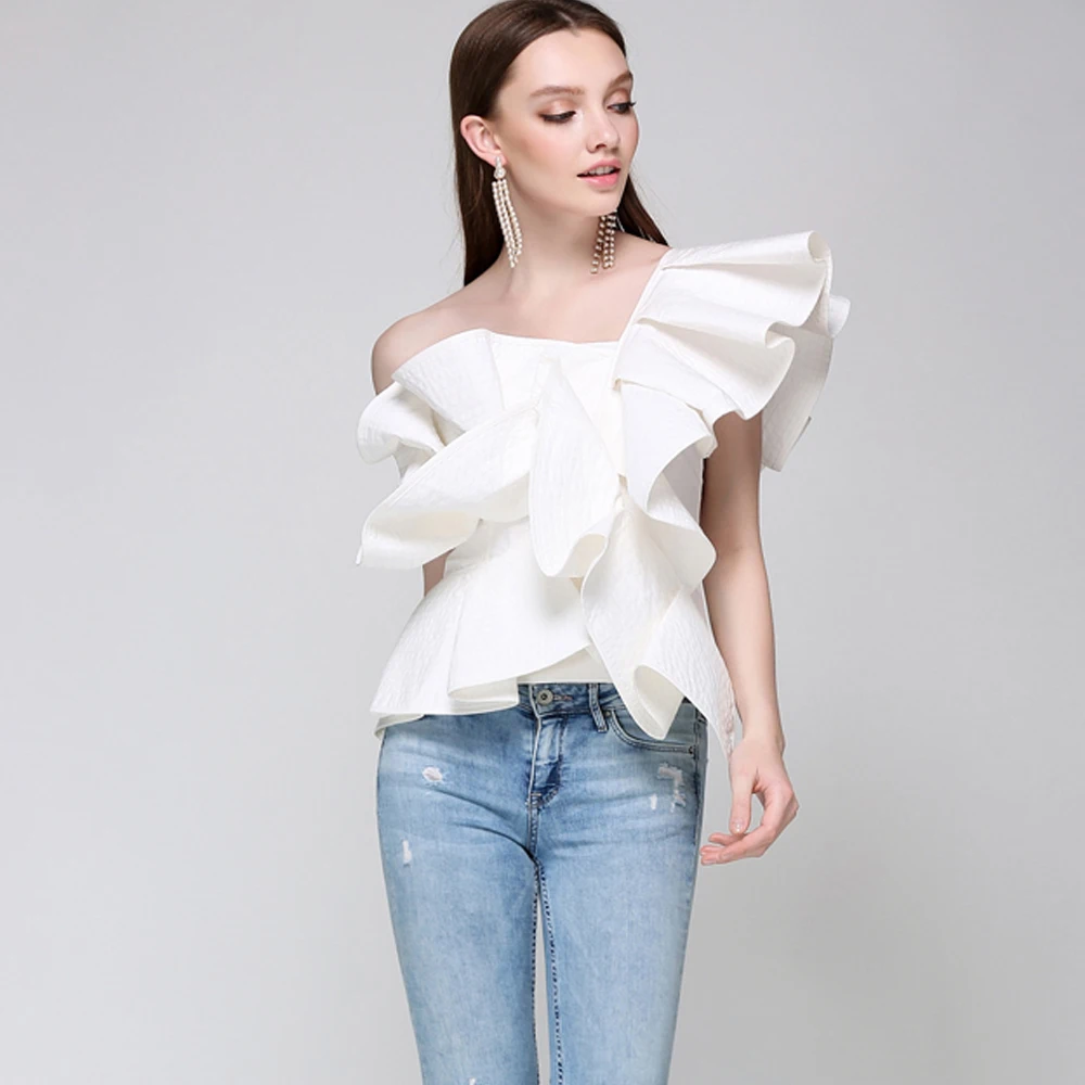 Женская хлопковая Футболка KoHuiJoo однотонная белая/синяя футболка на одно плечо с