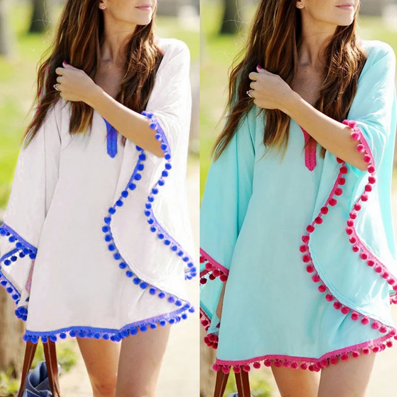 2019 женская шифоновая Пляжная накидка с кисточками белая пляжная туника