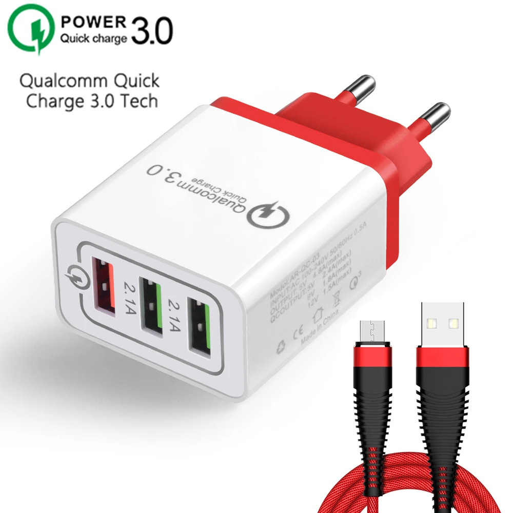 3 порта USB зарядное устройство для мобильного телефона Быстрая зарядка QC 3,0 Быстрая зарядка настенное зарядное устройство EU переходник для iPhone huawei Xiaomi samsung