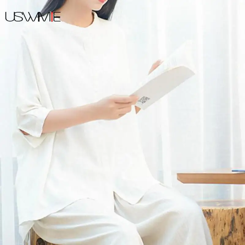 2020 Autumn Shirt Women White And Hemp Retro Three Quarter Sleeve Stand Collar Solid Color Blouse Irregular Hem Joker Top USWMIE