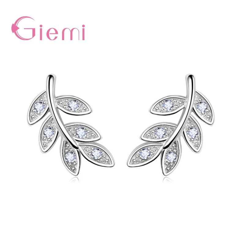 

Simple Elegance Leaves Shaped Stud Earrings Paved Shiny Crystals Real 925 Sterling Silver Women Girls Brincos Bijoux