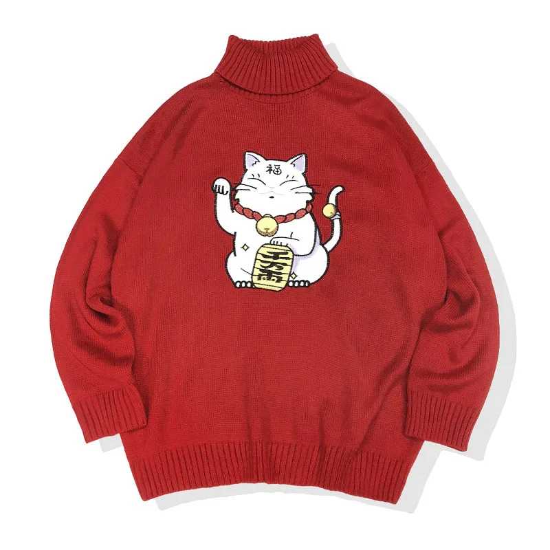 

PERHAPS U Women Red Sweater Knitted Lucky Cat Turtleneck Pullovers Long Casual Autumn Winter Bottoming Shirt M0103