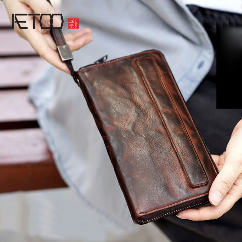 AETOO старый и старый ручной работы мужчины и женщины носить длинный, большой емкости овчины кожаный бумажник Мобильный телефон сумка - Цвет: Коричневый