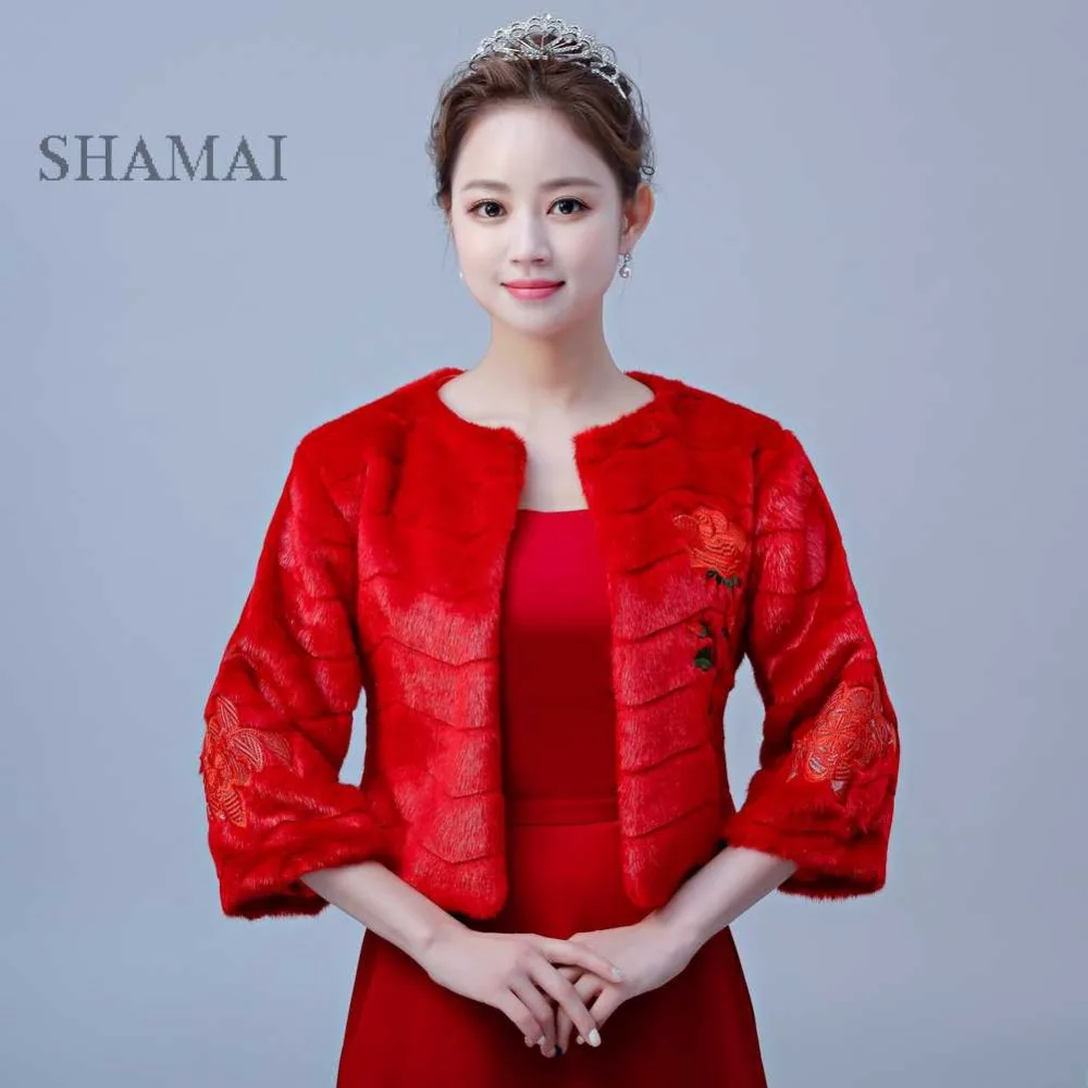 Красная Зимняя Свадебная куртка SHAMAI из искусственного меха женская свадебная