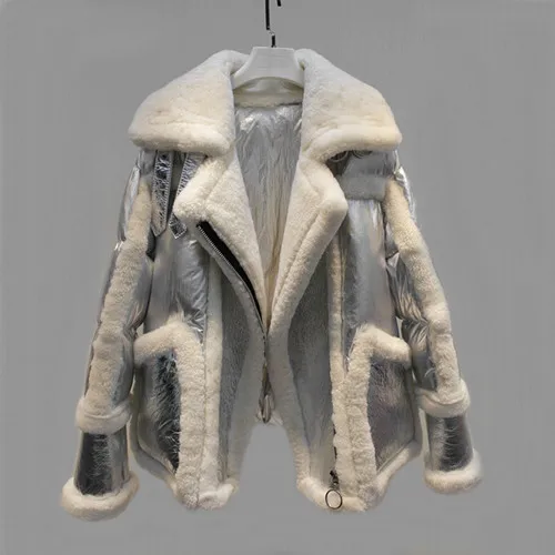 Silver and white fur Зимняя женская белая куртка-пуховик на утином пуху, женское пуховое пальто, теплая водонепроницаемая парка на молнии с воротником из овечьего меха - Цвет: Silver and white fur