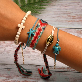 12 MOON GIRL 5 Pieces Puka Shell Bracelet Set Turtle Starfish Cross Beads Boho Weave Bracelet for Women Friendship Jewelry Dropship - Metal Color: 12