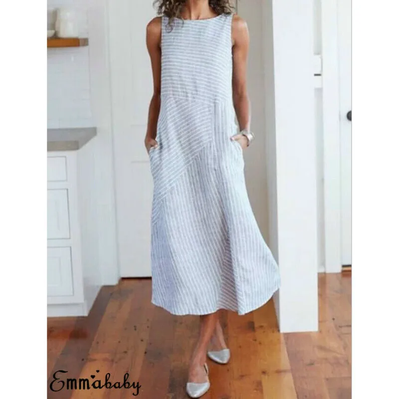 Небесно-голубой Сексуальные женские свободные платья Boho, летнее пляжное платье без рукавов, женские полосатые повседневные праздничные платья, длинное платье - Цвет: Небесно-голубой