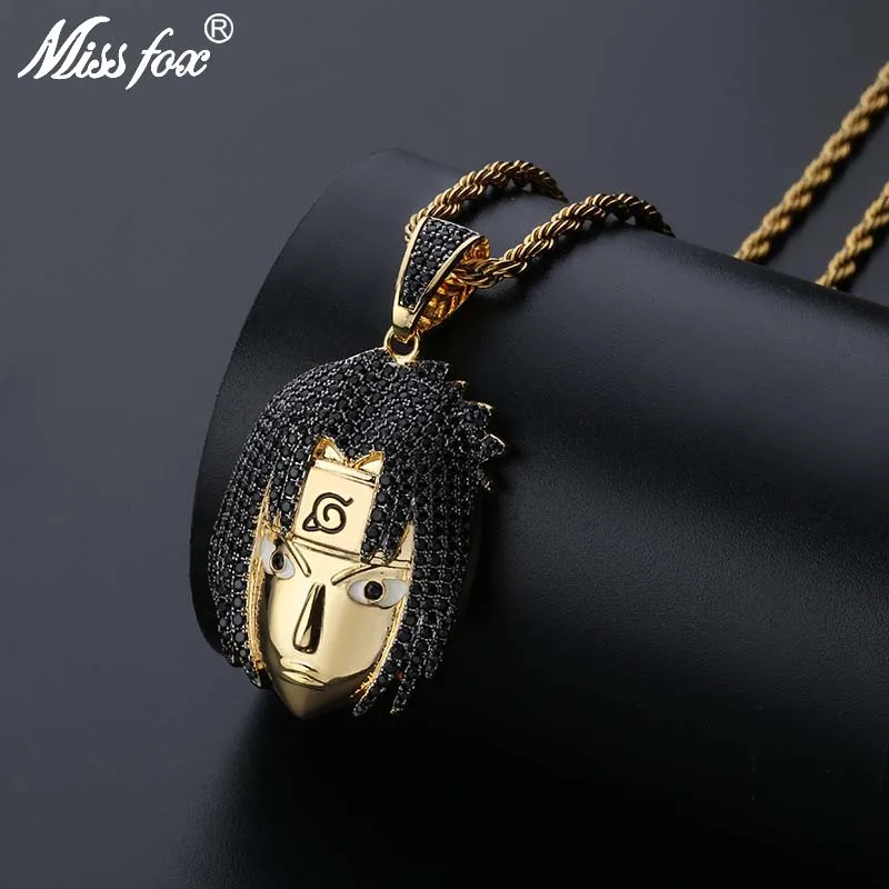Missfox хип хоп мультфильм Саске ожерелье кулон Hq кубического циркония 24k золотой